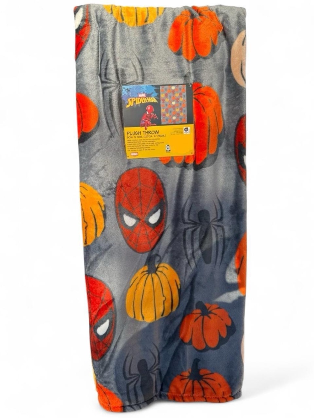Marvel Spider-Man Gray Plush Throw Blanket with Orange Pumpkins